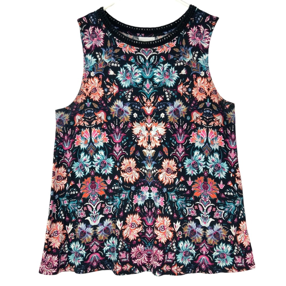 J. Jill Navy Floral Paisley Tank Top Size M Pullover Round Neck Sleeveless Lace